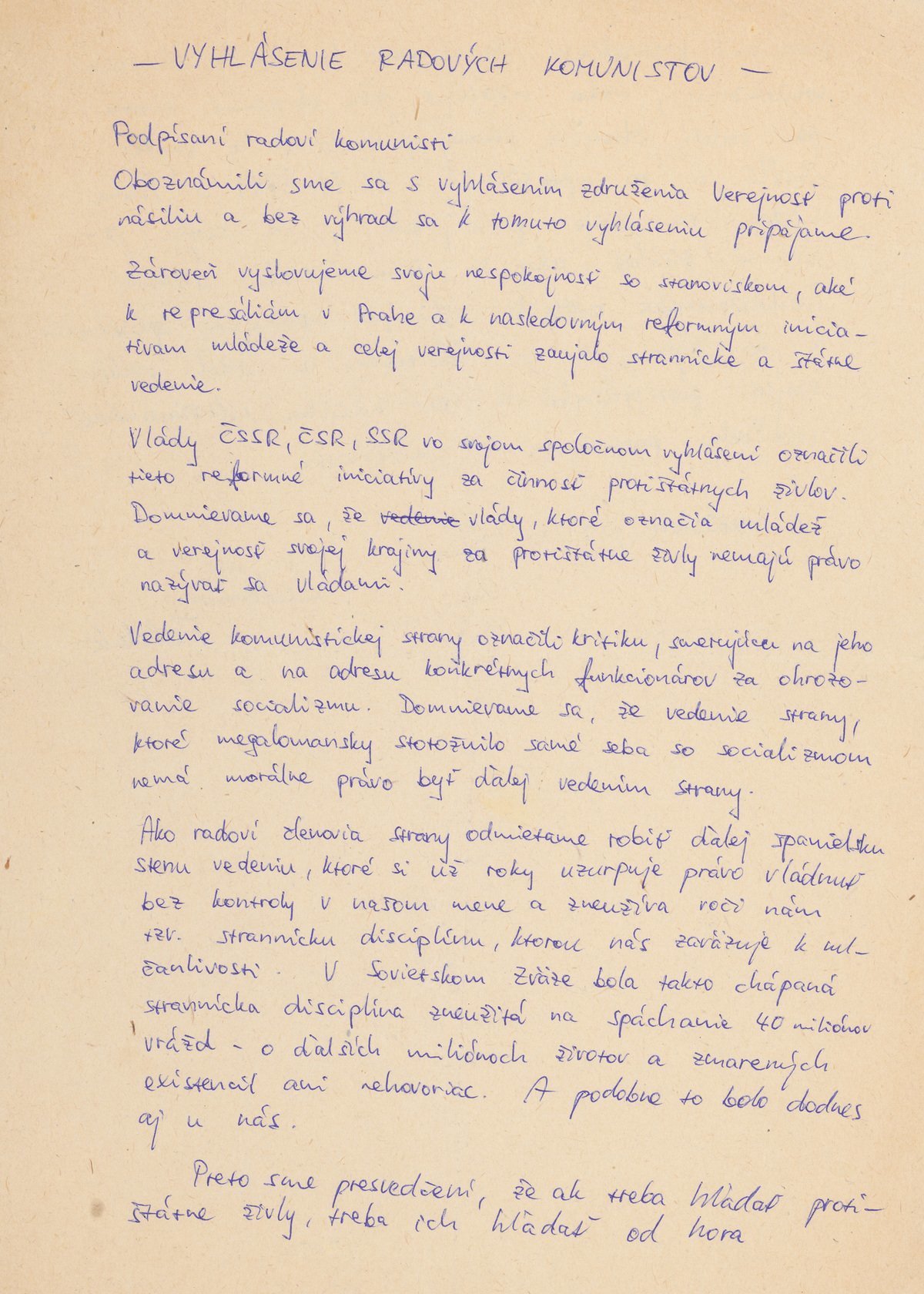 Stanovisko radových komunistov (ručný prepis – obojstranné, 1. strana). 1989. Archív Heleny Kociskej